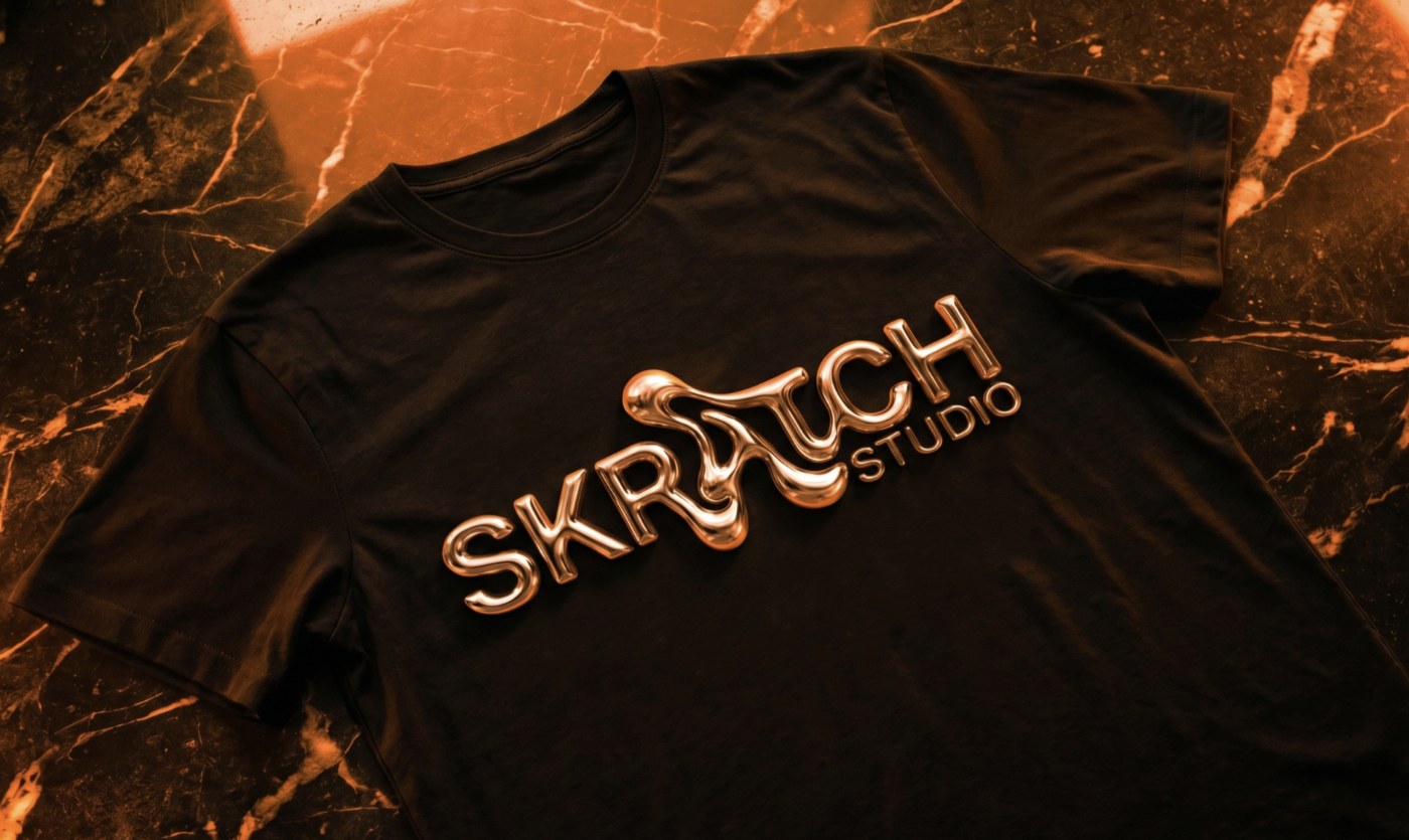 Skratch Studio tee with chrome logo on dark orange marble
