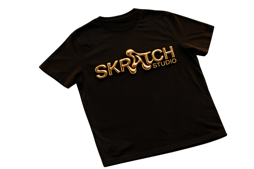 Black Skratch Studio tee with gold logo